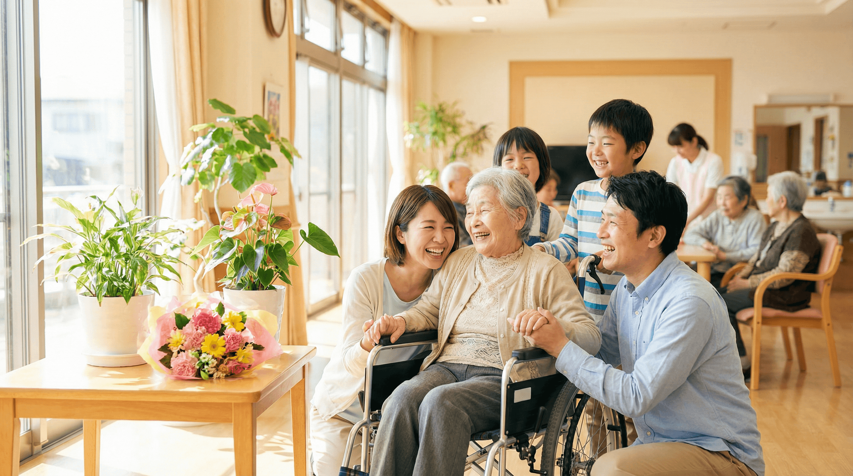 施設の入り口で見学者を笑顔で迎える写真